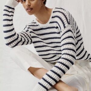 Madewell ‘Austen’ Striped Open-Stitch Knit White/Navy Pullover Sweater - XL